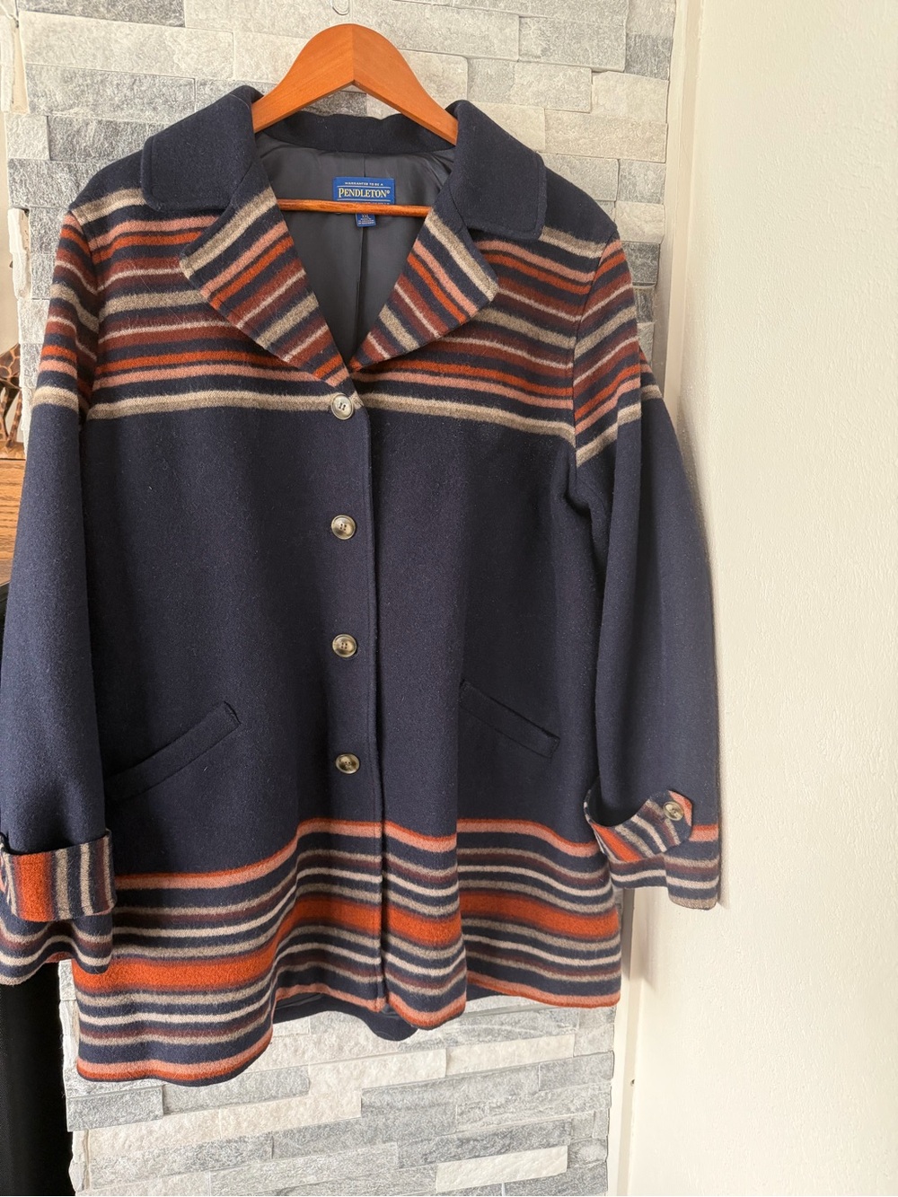 Women’s PENDLETON Arroyo Pea Jacket-Southwest Sunset Striping Along Hem-Blue-2XL